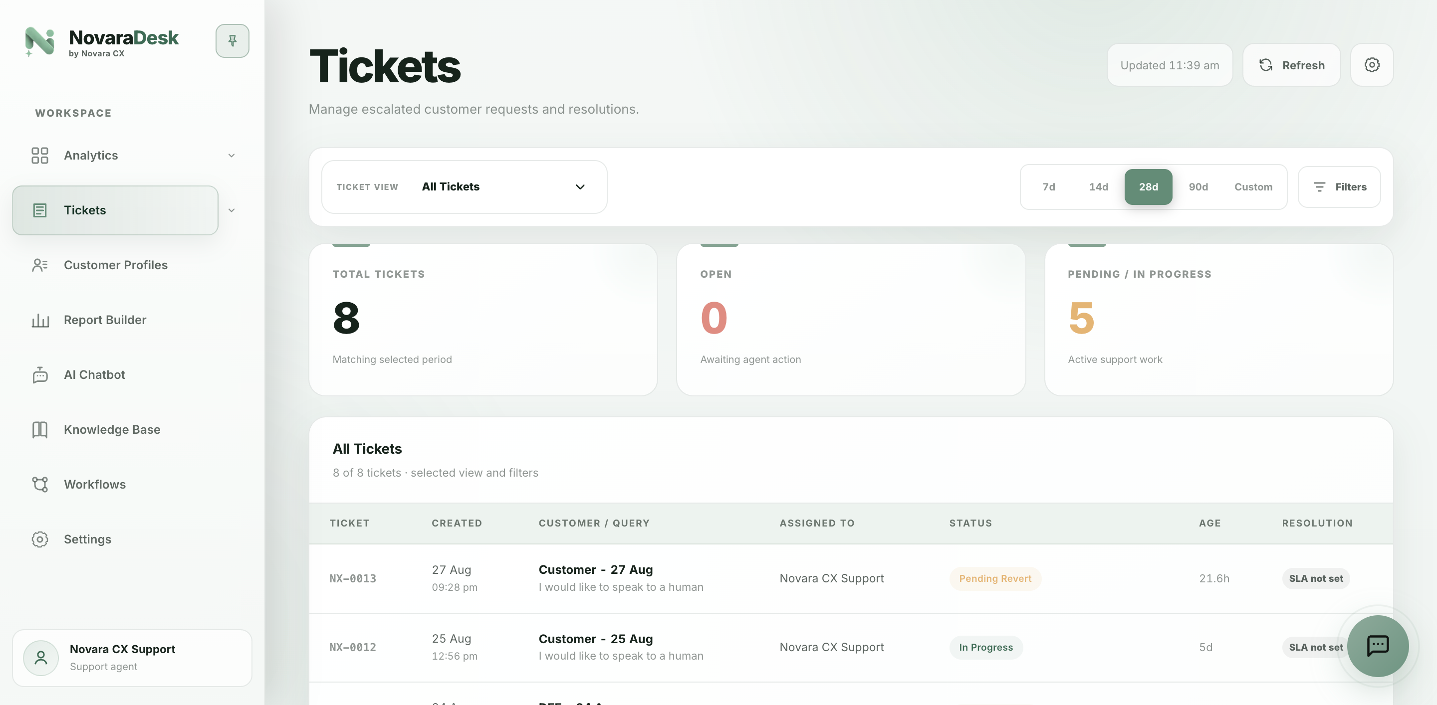 NovaraDesk ticket workspace with AI-to-human handoff